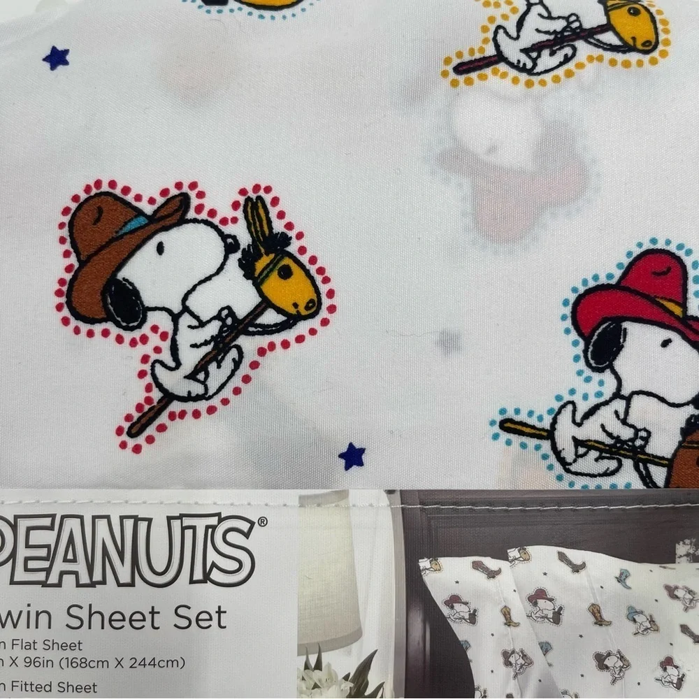 Peanuts Snoopy Twin Size Ride ‘Em Cowboy Sheet Set 3 piece white NWT